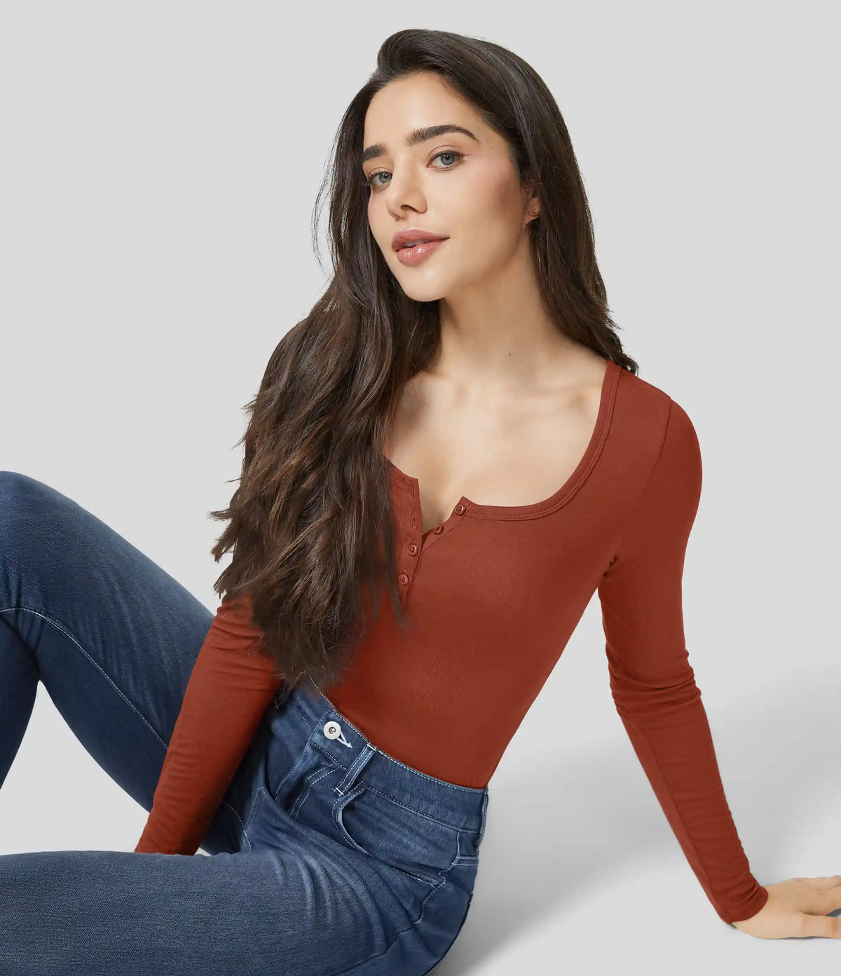 Ribbed Henley Neck Long Sleeve Slim Casual T-Shirt