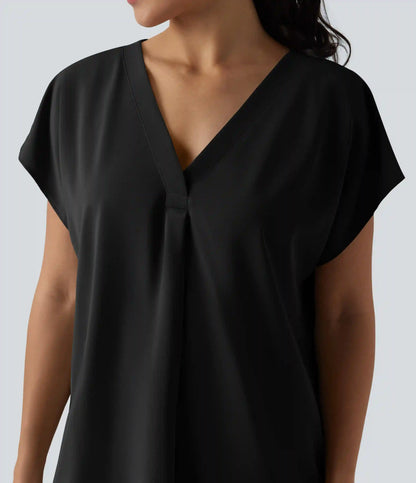 Wrinkle Recovery V-neck Short Sleeve Oversized Work Blouse