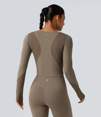 Round Neck Long Sleeve Contrast Mesh InstantCool Quick Dry Yoga Sports Top