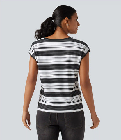 V Neck Short Sleeve Stripe Casual T-Shirt