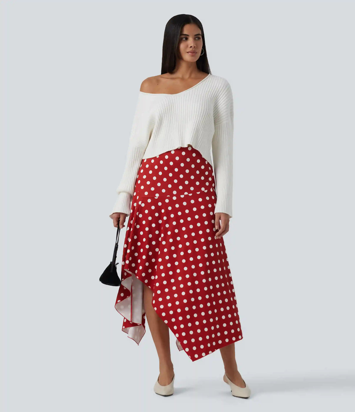 High Waisted Asymmetric Ruffle Hem Polka Dot Casual Midi Skirt with Pockets
