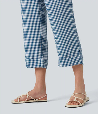 High Waisted Cropped Plaid Casual Linen-Feel Pants with Pockets