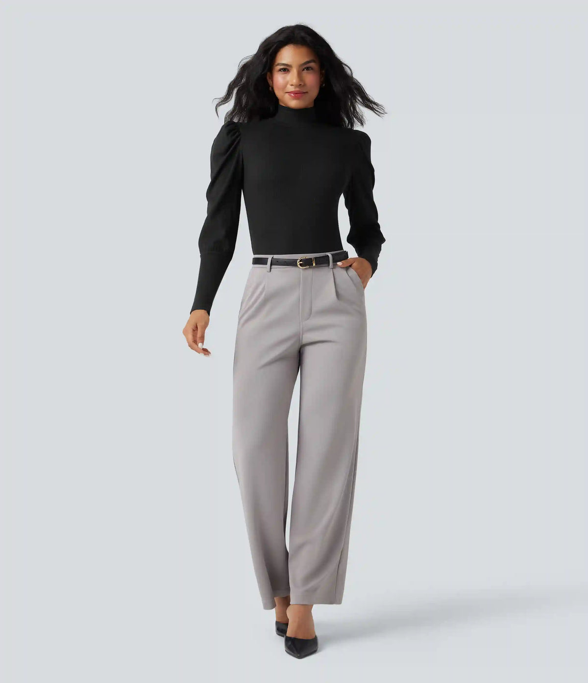 Ribbed Knit High-neck Puff Sleeve Skinny Work Bodysuit