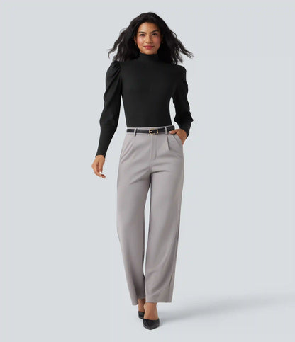 Ribbed Knit High-neck Puff Sleeve Skinny Work Bodysuit