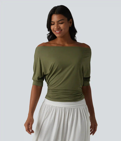 Off-shoulder Short Sleeve Ruched Casual Top