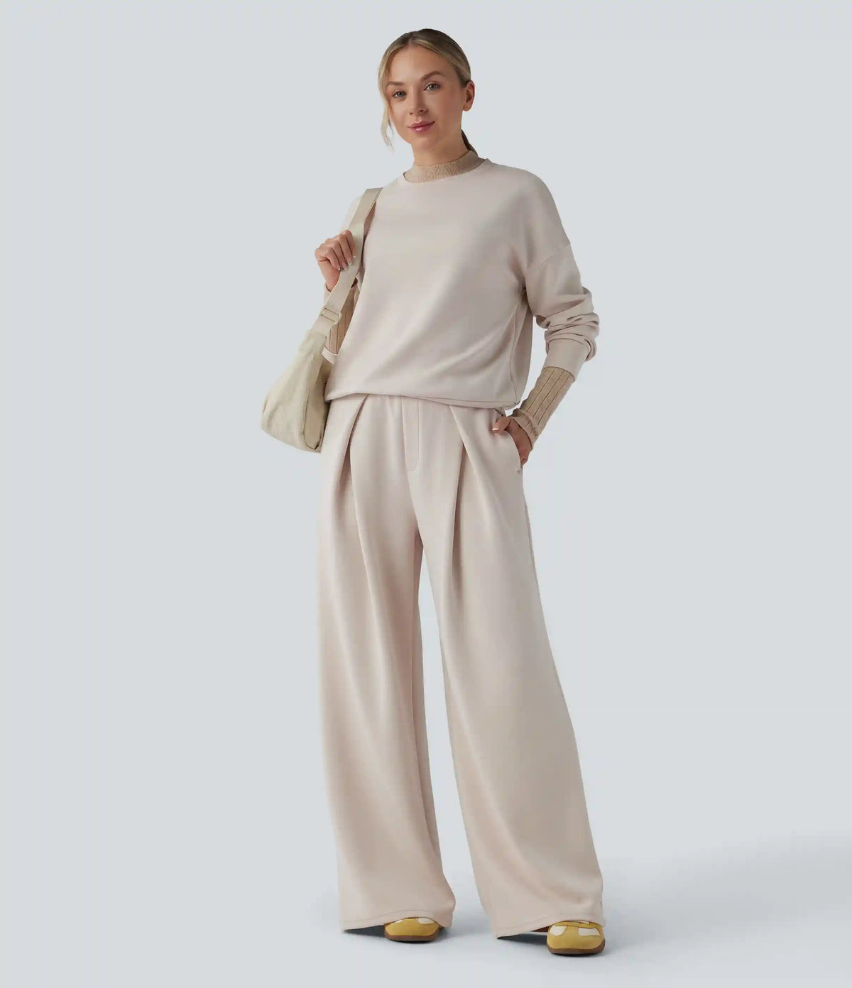 SpacerTek™ Mid Rise Drawstring Crossover Casual Baggy Pants with Pockets