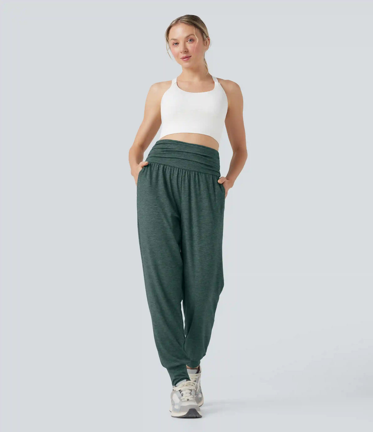 High Waisted Ruched Heathered Yoga Joggers with Pockets