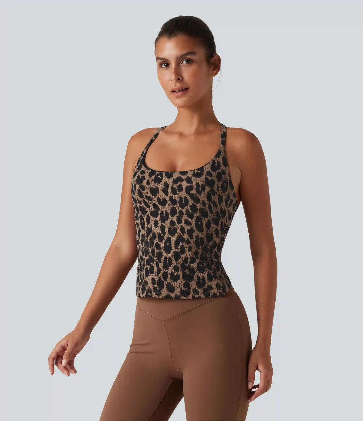 Halara UltraSculpt™ Leopard Print Scoop Neck Built-in Bra Crossover Hem Yoga Tank Top