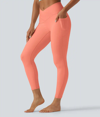 SoftlyZero™ High Waisted Crossover Plain Yoga Leggings with Pockets