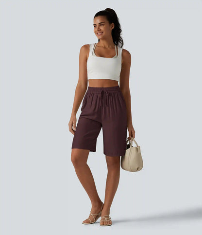 High Waisted Drawstring Casual Linen-Blend Bermuda Shorts 10'' with Pockets