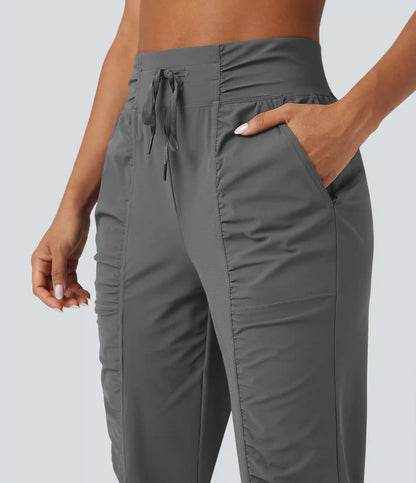 High Waisted Drawstring Ruched Tapered Quick Dry Cool Touch Dance Joggers with Pockets-UPF40+