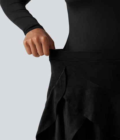 High Waisted Tiered Ruffle Hem 2-in-1 Longer Mini Suede Casual Skirt with Pocket