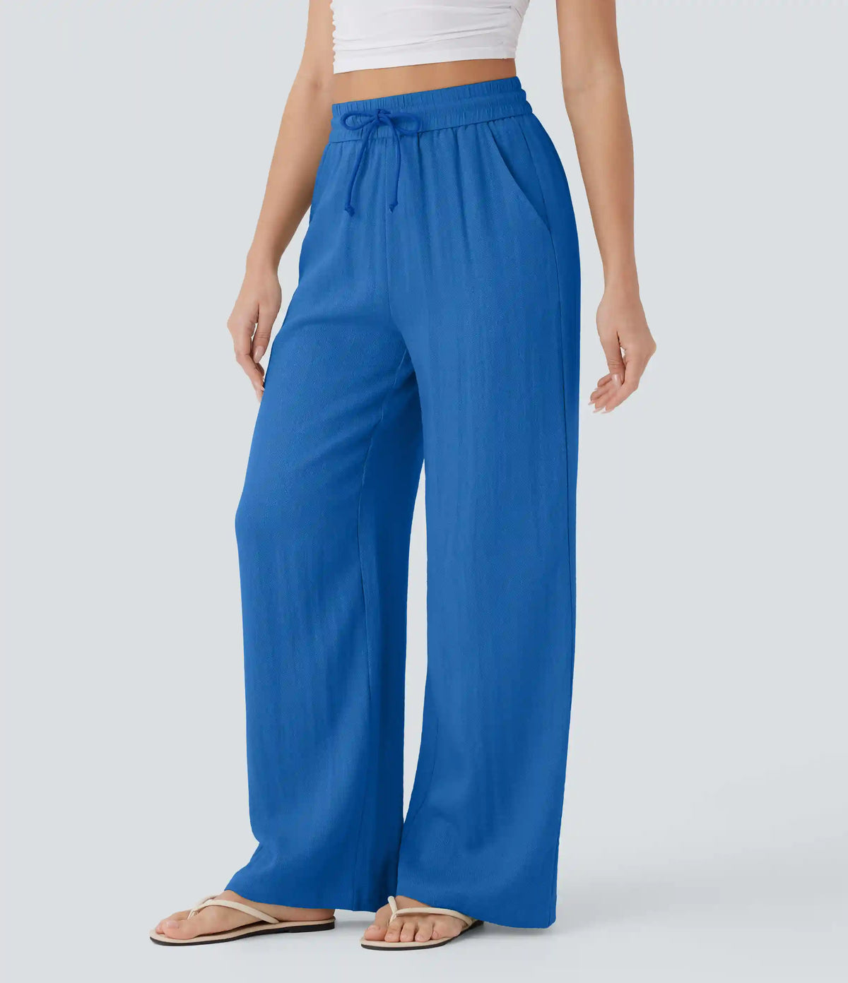 High Waisted Drawstring Pocket Wide Leg Baggy Casual Linen-Feel Pants