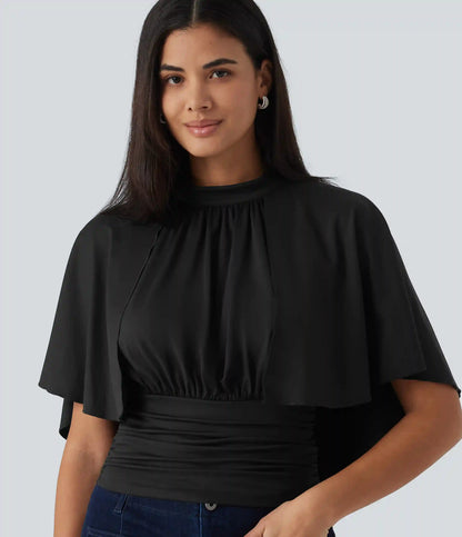 Mock Neck Batwing Short Sleeve Slim Ruched Work Blouse