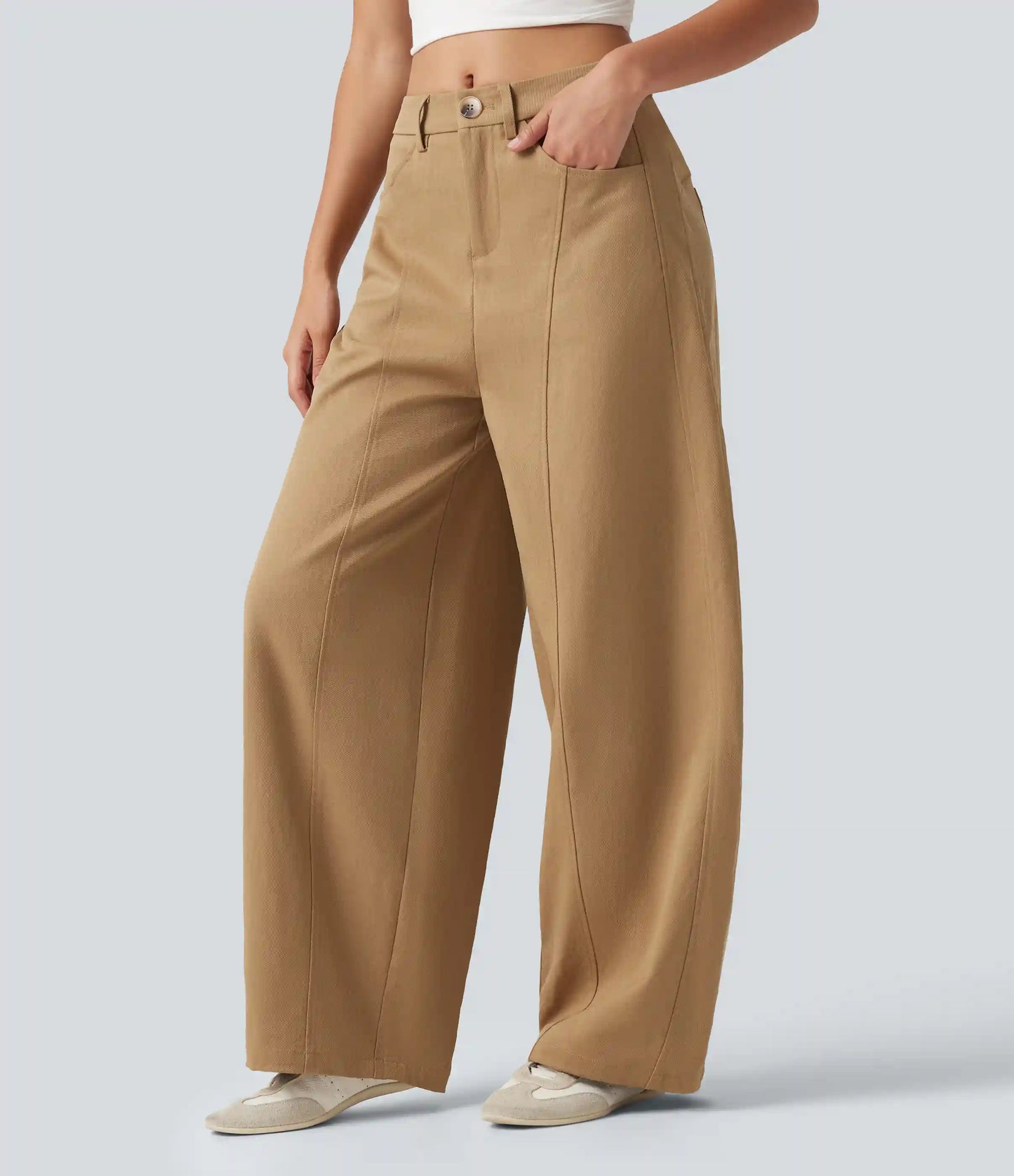 Mid Rise Casual Barrel Leg Pants with Pockets