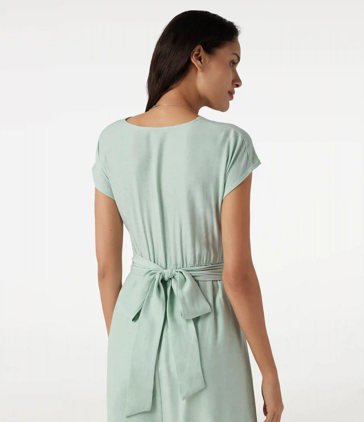 V Neck Short Sleeve Tie Back Midi Casual Linen-Blend Flowy Dress with Pockets