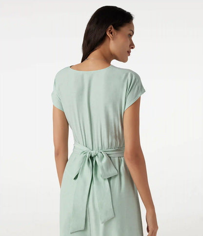 V Neck Short Sleeve Tie Back Midi Casual Linen-Blend Flowy Dress with Pockets
