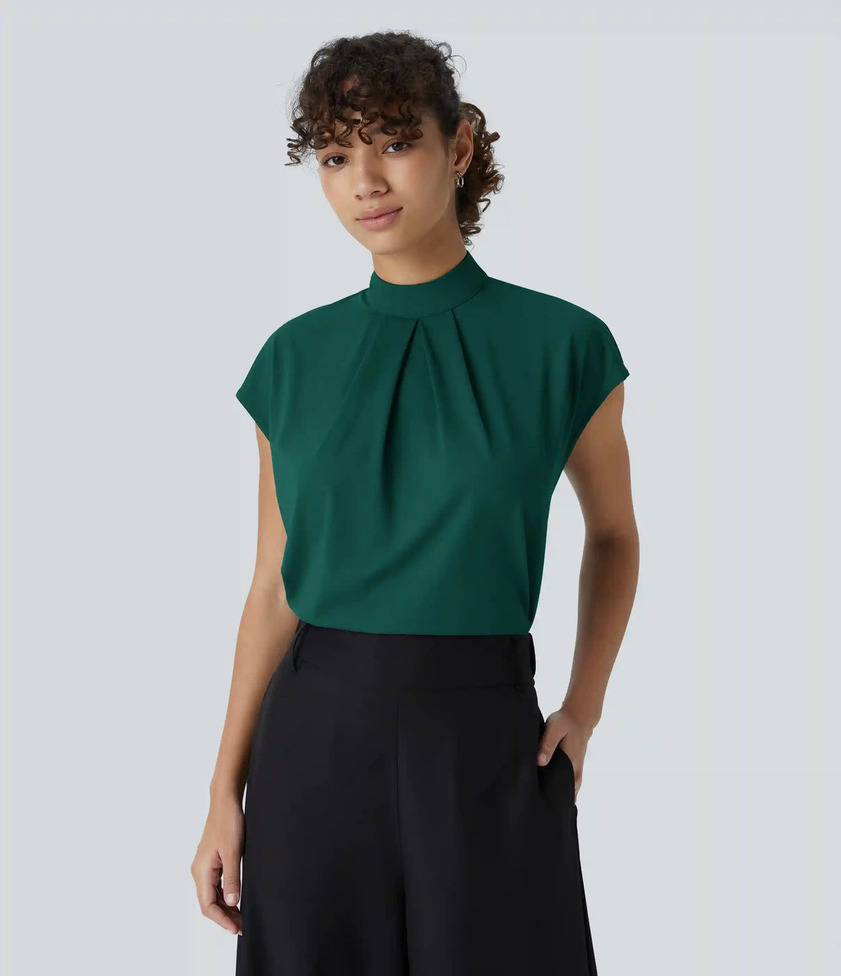 Stand Collar Back Cap Sleeve Work Blouse