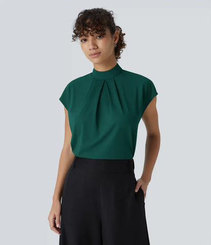 Stand Collar Back Cap Sleeve Work Blouse