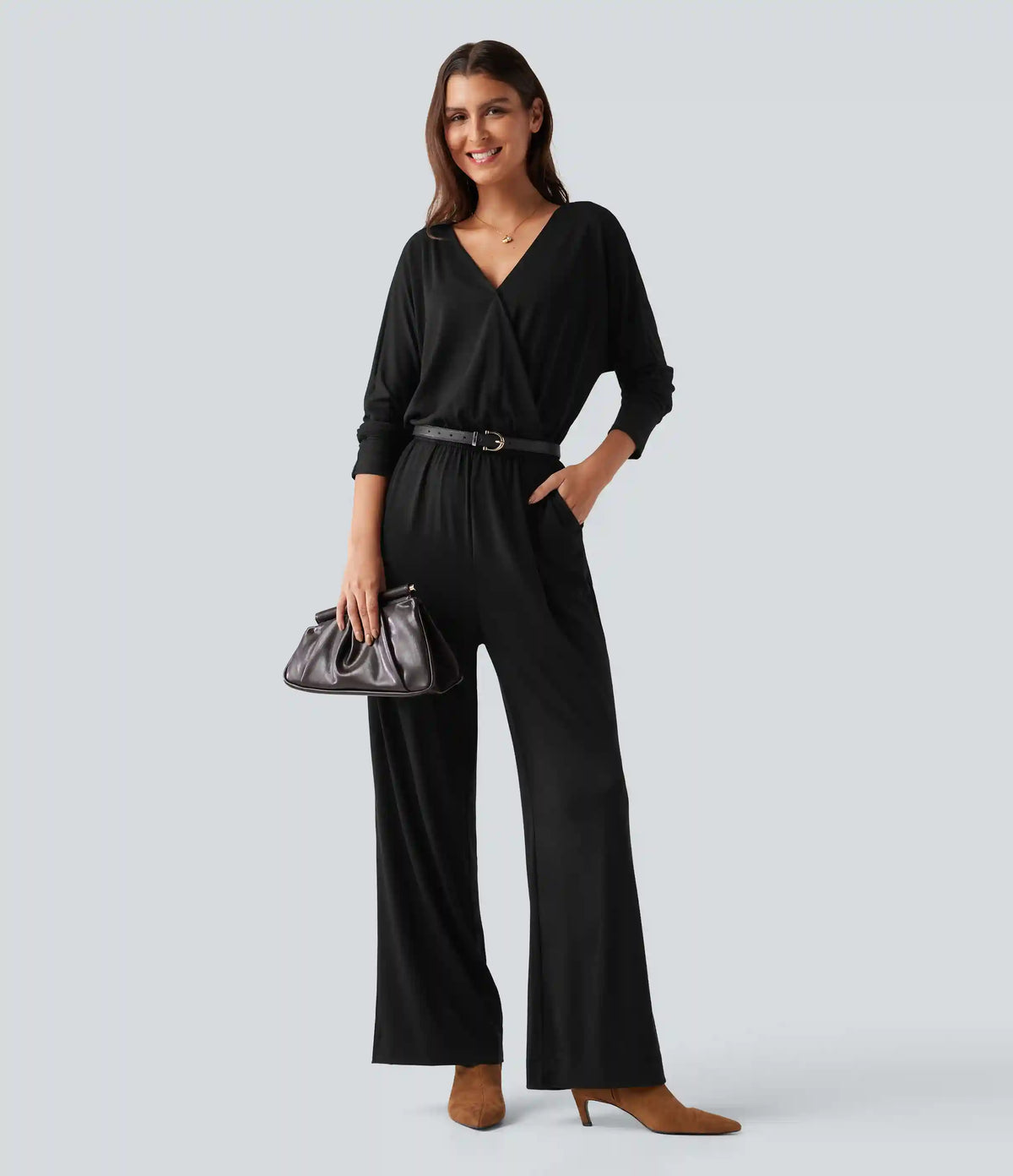 V Neck Long Sleeve Work Jumpsuit with Pockets