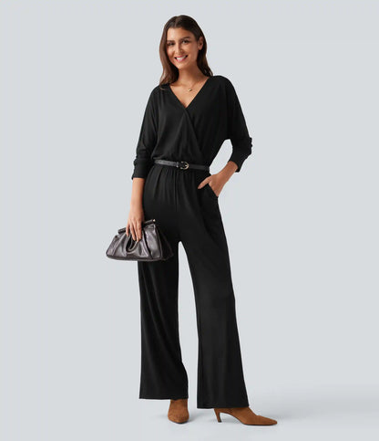 V Neck Long Sleeve Work Jumpsuit with Pockets
