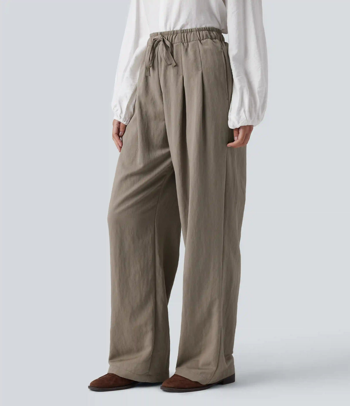 High Waisted Drawstring Straight Leg Work Pants with Pockets