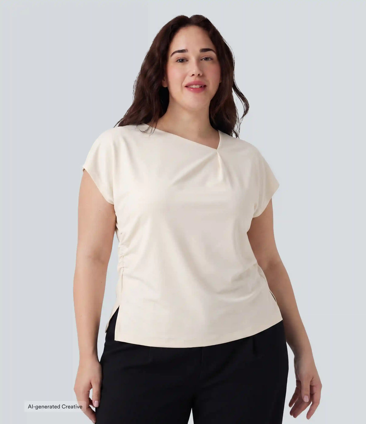 Plus Size Asymmetric Cowl Neck Short Sleeve Ruched Split Hem Work Blouse