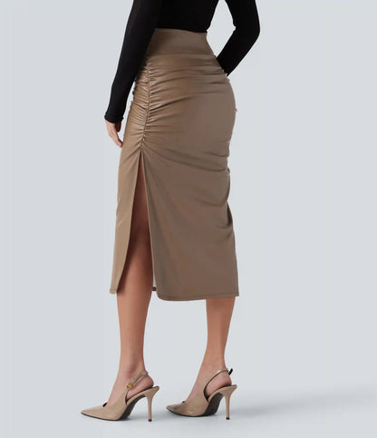 High Waisted Tummy Control Ruched Curved Hem 2-in-1 Fleece PU Midi Casual Skirt