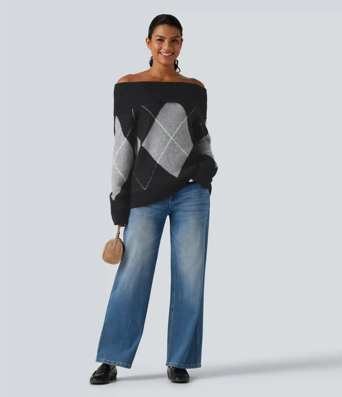 Off Shoulder Long Sleeve Gingham Casual Sweater