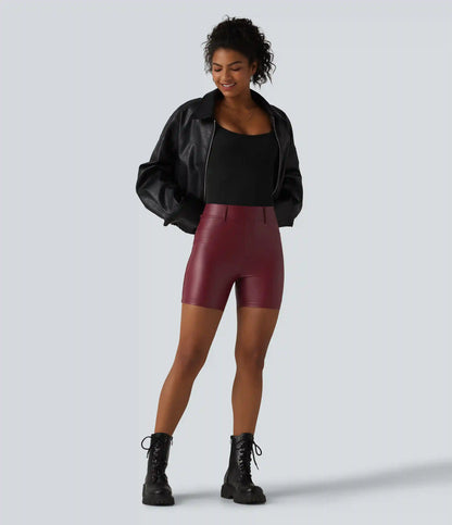 High Waisted Stretchy PU Casual Biker Shorts 5'' with Pockets