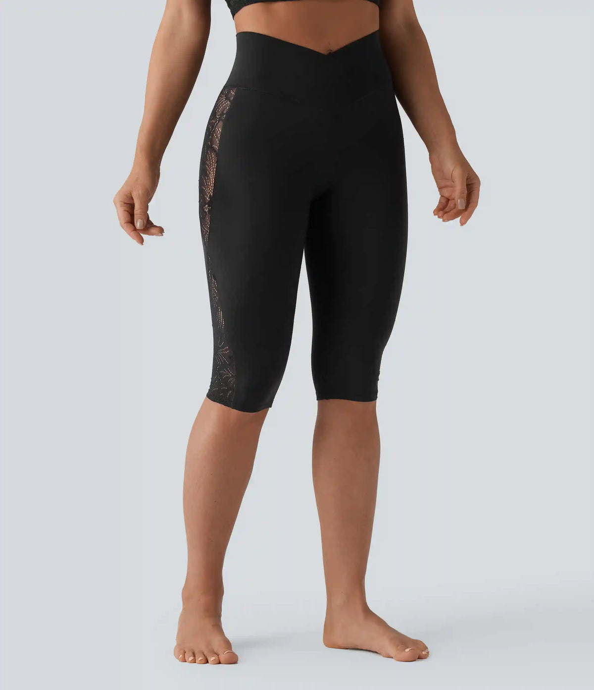 SoftlyZero™ High Waisted Crossover Contrast Lace Pedal Pusher Yoga Leggings with Pocket