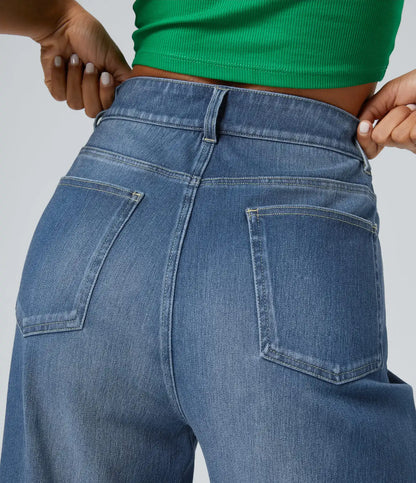 Halara Flex™ High Waisted Pockets Rolled Hem Wide Leg Washed Casual Jeans