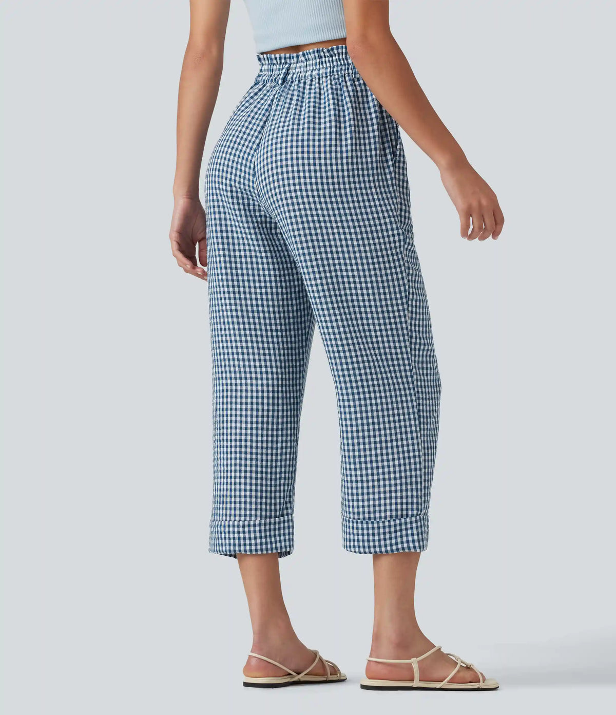 High Waisted Cropped Plaid Casual Linen-Feel Pants with Pockets
