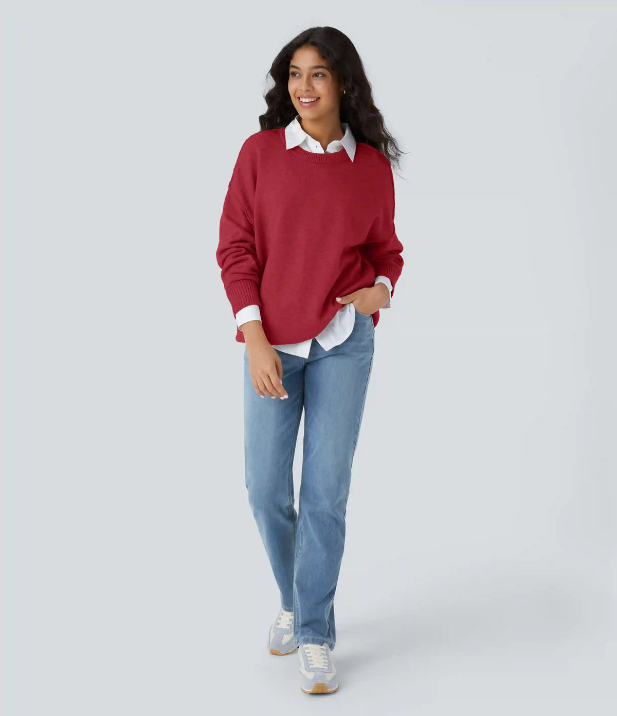 Round Neck Dropped Shoulder Long Sleeve Casual Sweater