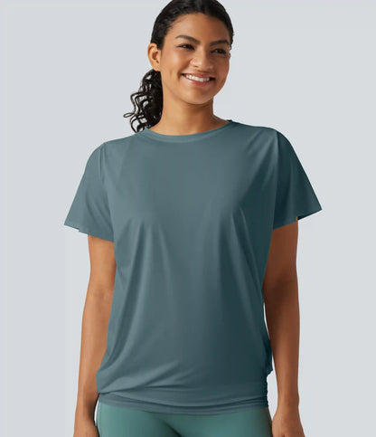 Round Neck Short Sleeve Ruched InstantCool Yoga Sports Top-Longer Length-UPF50+