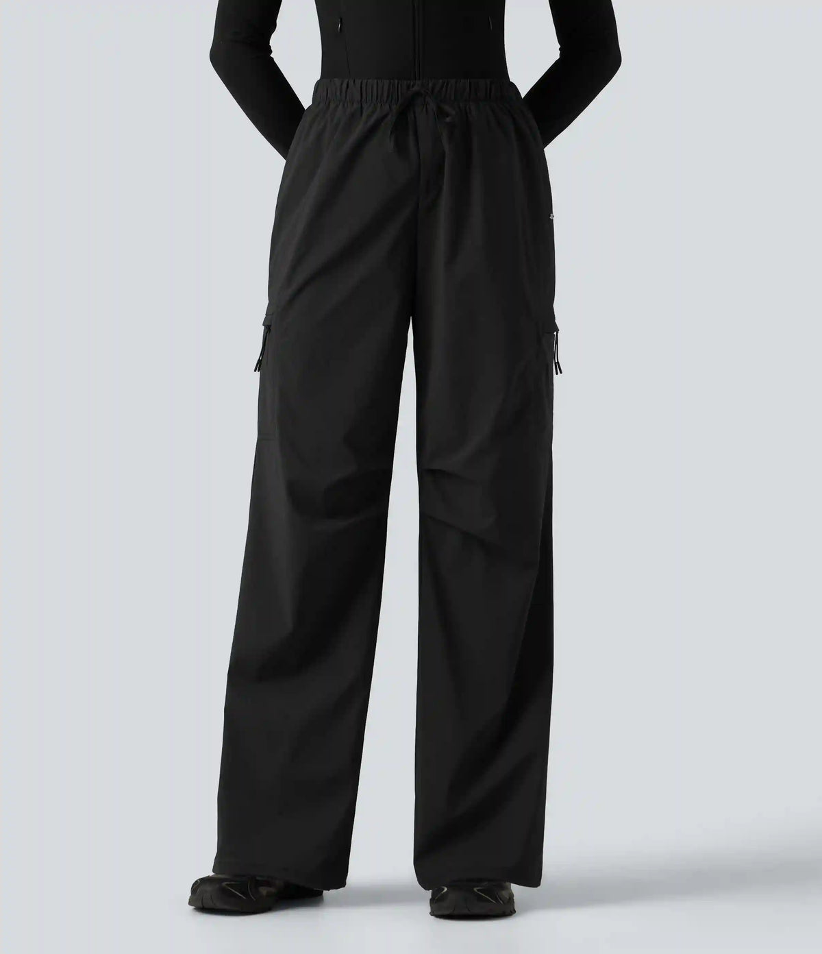 Mid Rise Drawstring Ruched Wide Leg Hiking Pants with Pockets