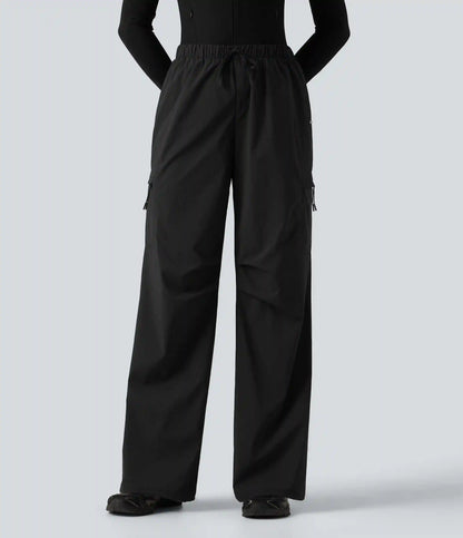 Mid Rise Drawstring Ruched Wide Leg Hiking Pants with Pockets