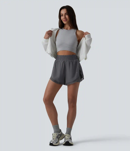 High Waisted Contrast Mesh 2-in-1 Running Shorts with Pockets