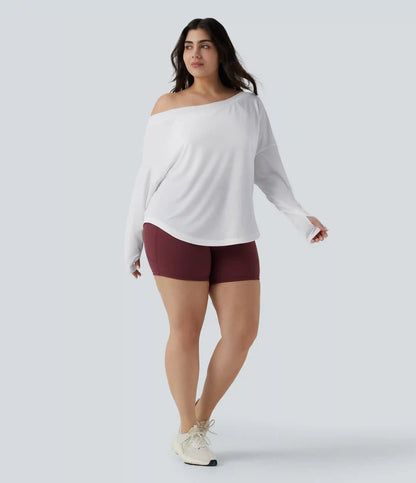 One Shoulder Long Sleeve Thumb Hole Curved Hem High Low Quick Dry Yoga Plus Size Sports Top-Built-in Bra