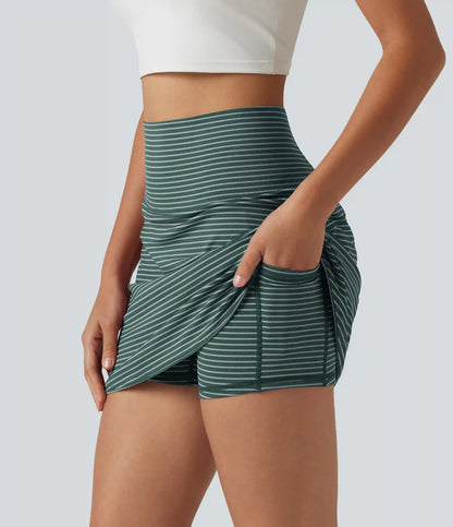 Ultra High-Waist Tummy Control Curved Hem 2-in-1 Stripes Golf Mini Skirt with Pockets