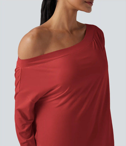 One Shoulder Long Sleeve Thumb Hole Curved Hem High Low Quick Dry Yoga Sports Top-Built-in Bra