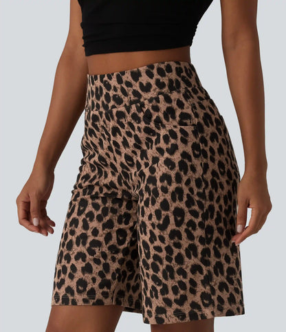 High Waisted Leopard Waffle Casual Baggy Bermuda Shorts 10'' with Pockets