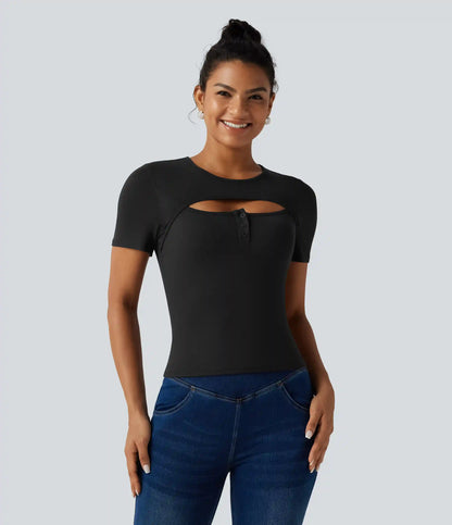 Ribbed Knit Round Neck Cut Out Short Sleeve Built-in Bra Casual T-Shirt
