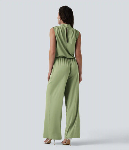 Stand Collar Sleeveless Straight Leg Bridesmaid And Wedding Guest Jumpsuit with Pockets-Easy Peezy