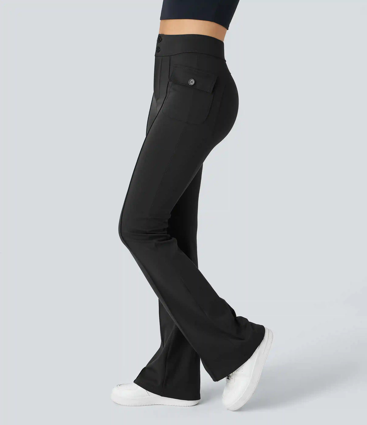 High Waisted Side Flap Pocket Flare Casual Cargo Pants