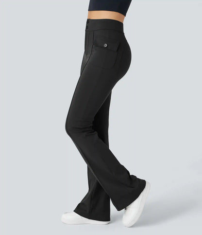High Waisted Side Flap Pocket Flare Casual Cargo Pants