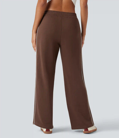 Mid Rise Drawstring Straight Leg Color Block Casual Cotton Pants with Pockets