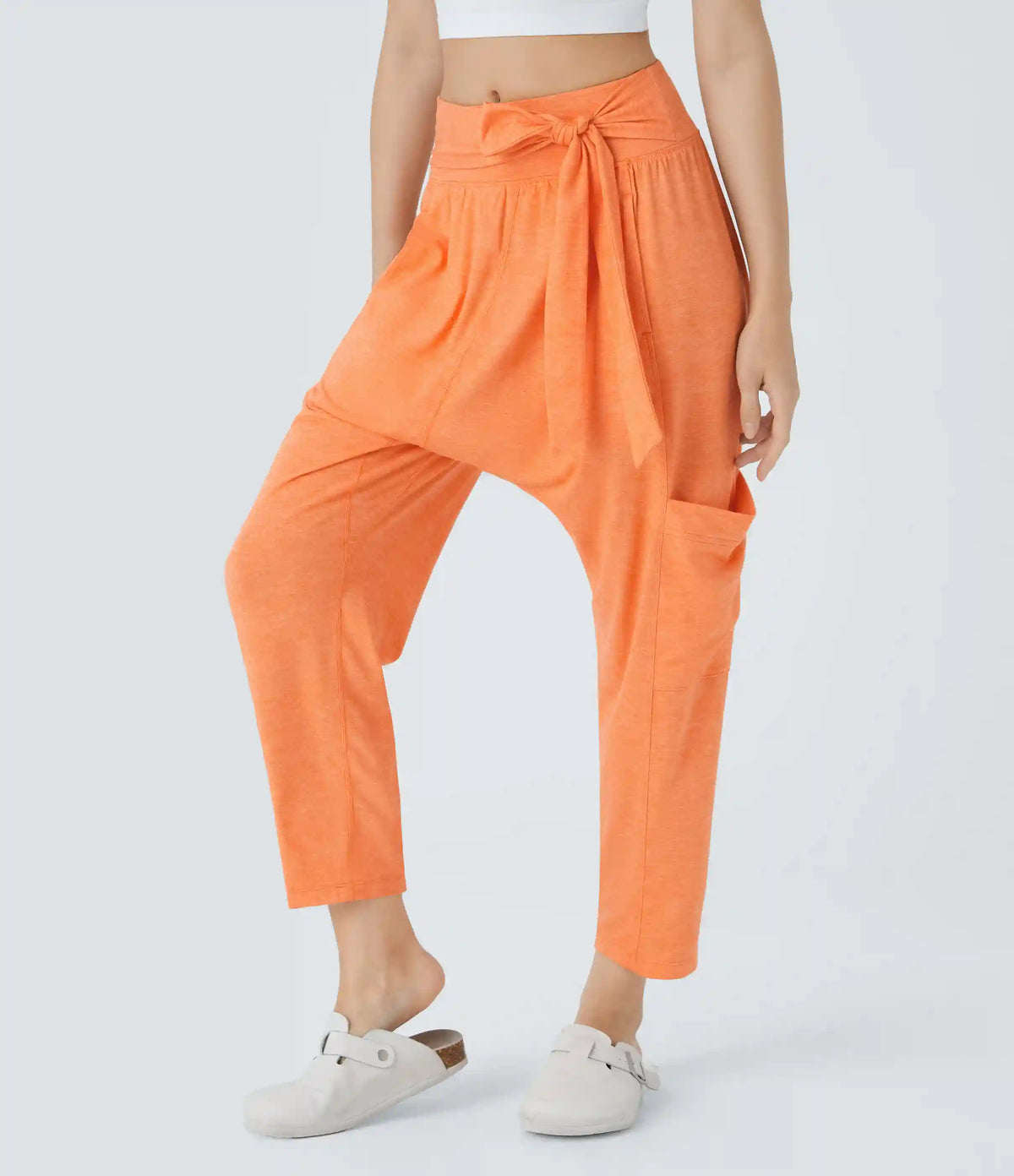 Mid Rise Tie Pockets Casual Harem Pants