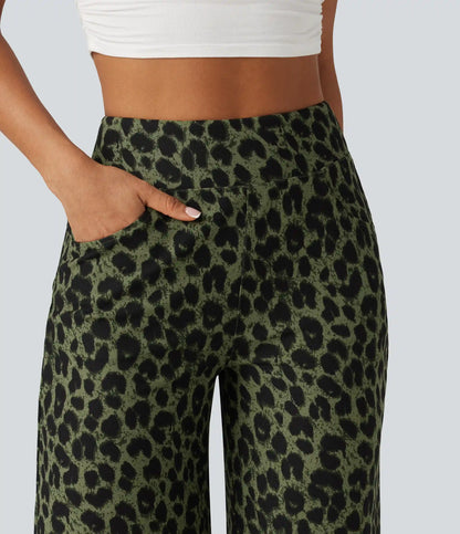 High Waisted Leopard Waffle Casual Baggy Bermuda Shorts 10'' with Pockets
