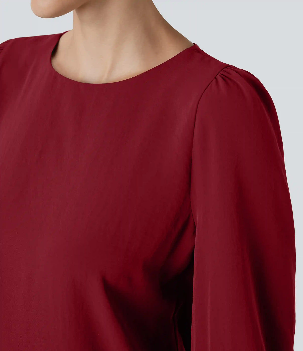 Boat Neck Keyhole Back Bishop Sleeve Work Linen-Feel Blouse